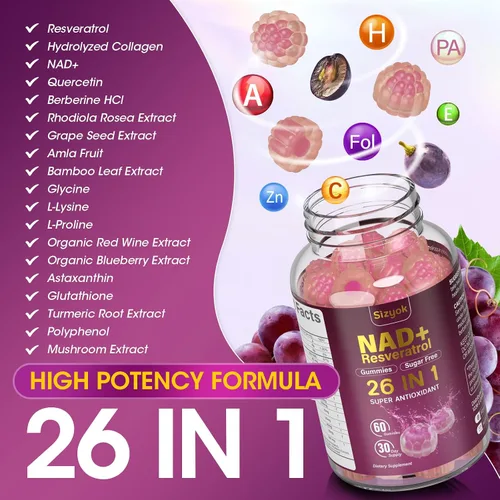 Miniatura 3 de Gomitas de Resveratrol NAD, Suplementos NAD para Mujeres con Colágeno Hidrolizado, Semilla de Uva y D-Biotina que Apoyan la Acción Antioxidante