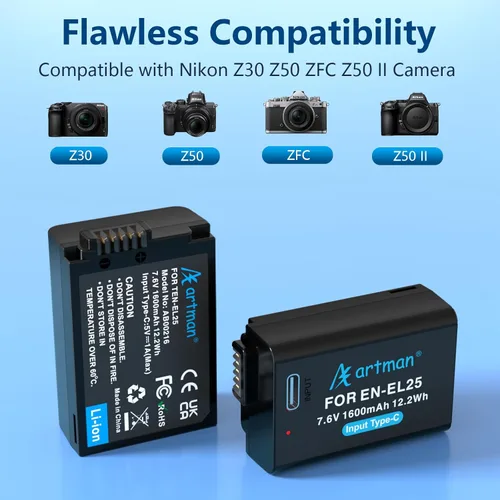 Miniatura 3 de Artman EN-EL25 EN-EL25A - Batería de 1600 mAh, paquete de 2 con cable de carga rápida USB-C compatible con cámara Nikon Z50 ii Z50 Z30 ZFC, batería