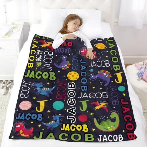 Miniatura 5 de YESCUSTOM Manta de dinosaurio para niños y niñas, manta personalizada de vellón con nombre para decoración de dormitorio de niños, sofá, coches