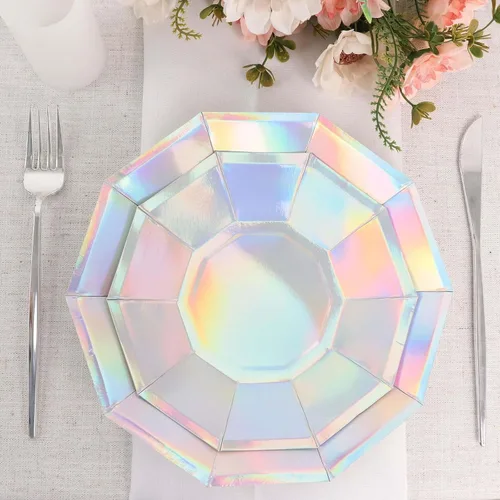 Miniatura 8 de Efavormart - Paquete de 25 platos de papel decagonal iridiscentes de 9 pulgadas, platos llanos geométricos resistentes de 300 GSM para temas Tipo 3