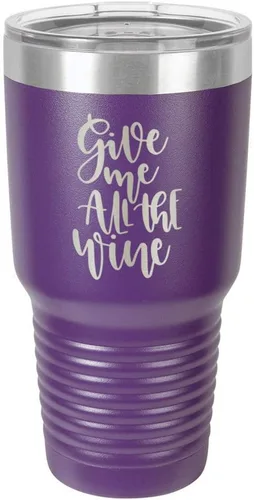Miniatura 17 de Taza de viaje de acero con recubrimiento de polvo grabado con láser, con grabado «GIVE ME ALL THE WINE» y grabado en polvo de 30 oz, libre de BPA