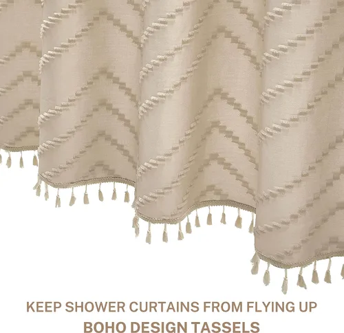 Miniatura 3 de Siiluminisoy Cortina de Ducha Boho Estilo Granja de Tela Tejida Bonita Cortina de Ducha Beige, 72 x 72 pulgadas Con Mechones Chevron Texturizada A
