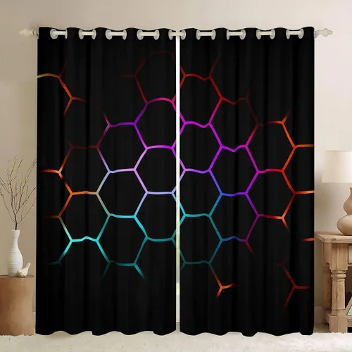 Miniatura 75 de Feelyou - Cortinas de ventana en forma de panal, tema geométrico hexagonal con luces de neón verdes, para chicos adolescentes y hombres, elegante