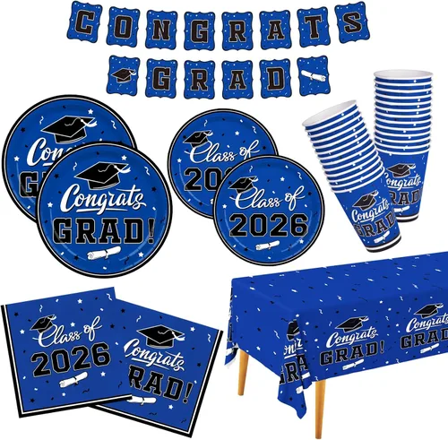 Miniatura 17 de Gatherfun suministros para fiesta de graduación 2022, para 25 comensales, vajilla roja y desechable de papel, con platos, servilletas, vasos, mantel