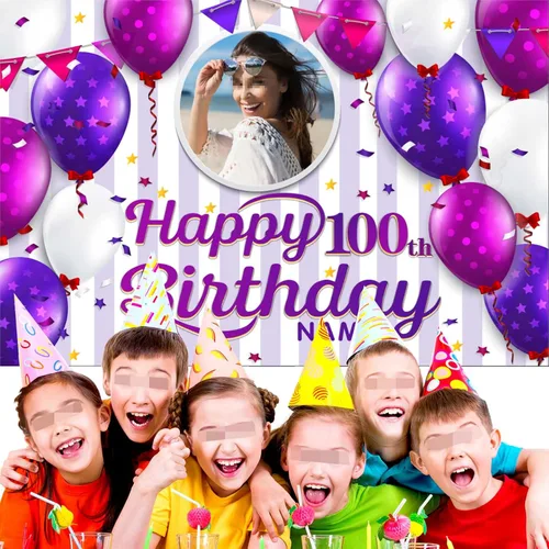 Miniatura 5 de Cartel decorativo personalizado de feliz cumpleaños número 100, personalización disponible, morado, tamaño grande - Fotos y nombres personalizados