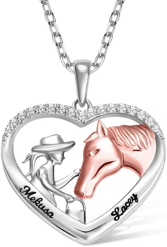 Collar personalizado con forma de caballo y corazón para mujer, regalo para ella, color plateado y blanco, Plata esterlina, No es una piedra preciosa