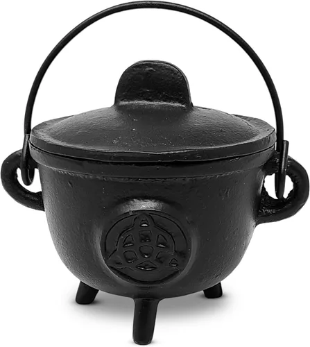 New Age Imports, Inc. Caldero de hierro fundido con asa y tapa, ideal para manchas, quemar incienso, fines rituales, decoración, decoración de