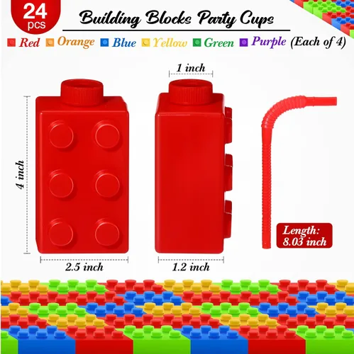 Miniatura 2 de Sawysine Juego de 24 vasos de bloques de construcción de 10 onzas, bloques reutilizables para fiestas, vasos de plástico de ladrillo