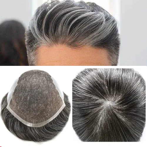 Miniatura 18 de Mens Toupee Swiss Lace Mens Hair Piece Sistema de reemplazo de cabello para hombres Toupee para hombres Cabello humano nudo blanqueado protesis