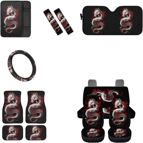 Miniatura 13 de Juego de 13 piezas de accesorios de automóvil de calavera con rosa roja, incluye fundas de asiento delantero y trasero, parabrisas de automóvil