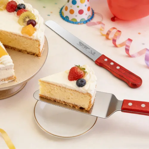 Miniatura 6 de Juego de 4 piezas para cortar pasteles para boda, con 2 cuchillos y 2 servidores, mango de madera y cortador de pastel de acero inoxidable