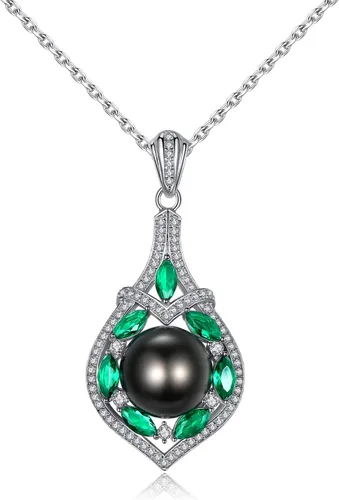 VIKI LYNN Collar con colgante de perlas negras cultivadas de Tahití, 0.394-0.433 in, calidad AAA, plata esterlina CZ para mujer, Plata esterlina