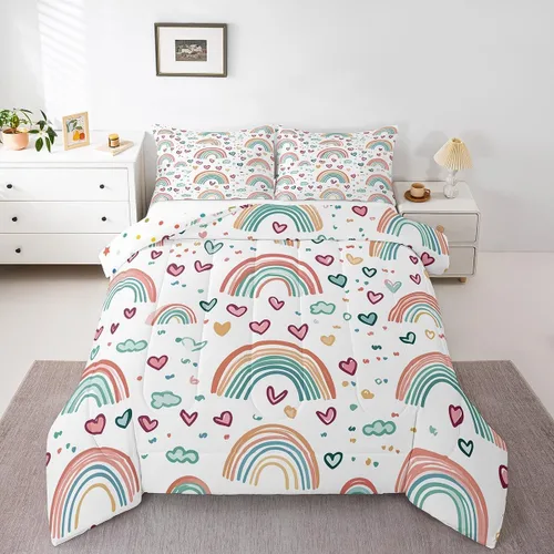 Erosebridal Juego de edredón de arcoíris tamaño Queen, juego de edredón de corazón de amor, colorido, lunares y arco iris, juego de ropa de cama