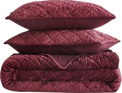 Miniatura 9 de Chezmoi Collection Lux - Juego de edredón de terciopelo color borgoña, tamaño King, 3 piezas, ropa de cama de terciopelo envejecido para todas