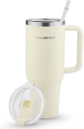 HAUSHOF Vaso de 40 onzas con asa y pajita, vaso de café aislado de acero inoxidable con tapa Tritan, taza de viaje de doble pared, botella de agua,