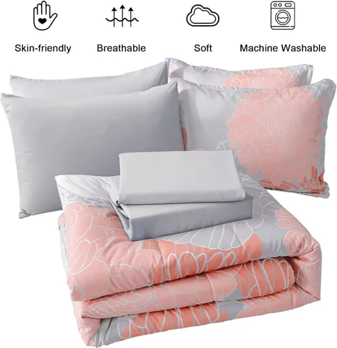 Miniatura 7 de Yiran Juego de edredón de 7 piezas color gris rubor floral en una bolsa, juego de ropa de cama de microfibra suave, tamaño Queen de 90"×90