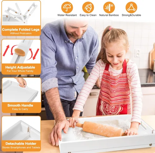 Miniatura 3 de Greenual Paquete de 2 Bandejas de Cama con Asas y Patas Plegables, Bandeja de Bambú para Desayuno con Ranura para Medios, Usar como Bandeja, Blanco
