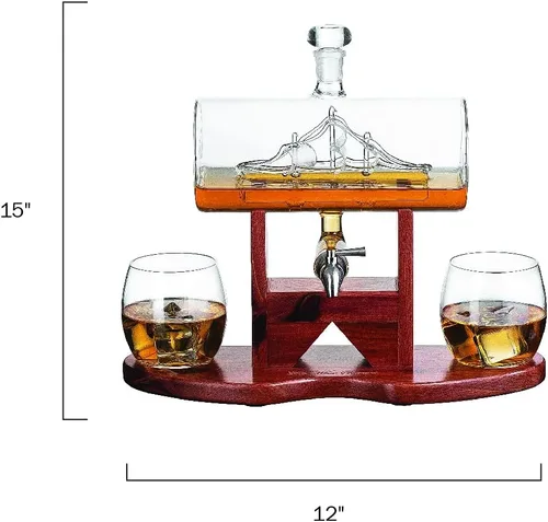Miniatura 6 de The Wine Savant - Juego de decantador de whisky, dispensador de licor para bar en casa, cristal de cristal, barco de 42.3 fl oz y 2 vasos de whisky