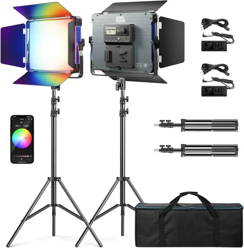 Kit de iluminación de video LED P80 con control de aplicación, panel de luz de video LED RGB de 10 escenas aplicables, iluminación de 60W P80 RGB
