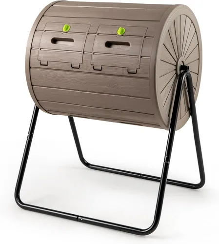 Miniatura 12 de Goplus Contenedor de compostaje, vaso de compostaje de doble cámara de 34.5 galones con 2 cámaras giratorias, puertas corredizas, compostador