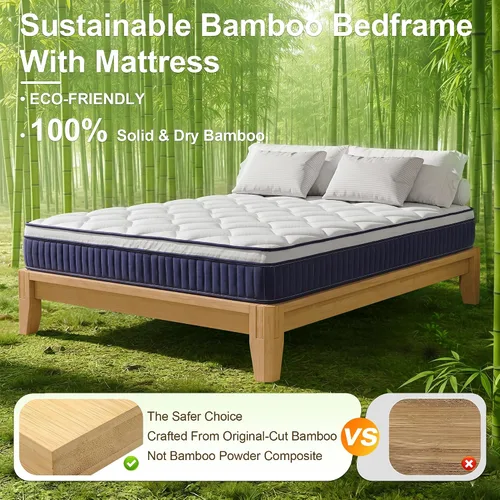 Miniatura 8 de Base de cama de bambú tamaño Queen con colchón de 10 pulgadas, firmeza híbrida media, marco de cama y juego de colchón de carpintería japonesa