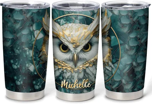 Miniatura 11 de Hyturtle Vaso Personalizado para Amantes de Búhos - Vaso de Café de Acero Inoxidable con Impresión de Búhos y Nombre Personalizado 590 ml con Tapa