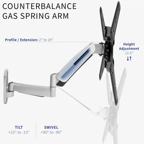 Miniatura 5 de VIVO Montura de pared para TV contrabalanceada de 26 a 55 pulgadas, brazo articulado neumático de resorte ajustable en altura, Max 400x400mm VESA