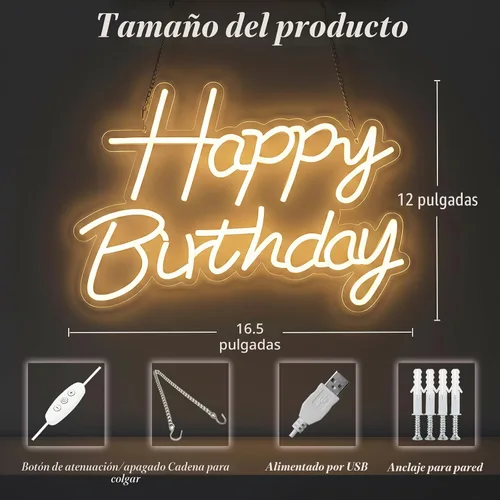 Miniatura 2 de Letrero de neón de feliz cumpleaños para telón de fondo, letrero con luz LED de feliz cumpleaños, luz de neón regulable alimentada por USB