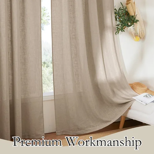 Miniatura 6 de RYB HOME Cortinas de lino semitraslúcidas de mezcla de lino, bolsillo para barra, elegantes, filtrantes de luz, privacidad, caqui, 52 pulgadas