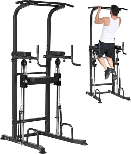 Dland Power Tower - Estación de inmersión con barra de dominadas, equipo multifuncional de entrenamiento de altura ajustable para gimnasio en casa,
