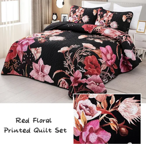 Miniatura 2 de Juego de colcha floral tamaño Queen de 3 piezas, juego de colcha con estampado floral rojo suave de microfibra ligera, cubrecama acolchado negro