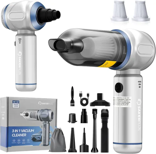 SakerPlus Aspiradora portátil sin cable, 3 en 1 de mano, 17500 PA de alta potencia, aspiradora de mano y plumero de aire para succión, soplado,