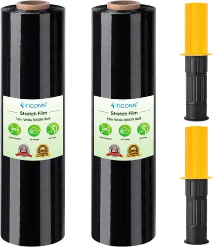 Miniatura 8 de TICONN Paquete de 2 rollos de película elástica, 1000 pies, resistencia industrial, 15 pulgadas de ancho, envoltura de plástico transparente