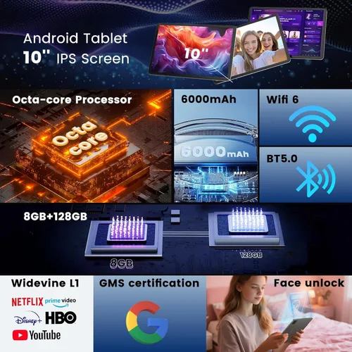 Miniatura 2 de Tablet Android de 10 Pulgadas, Octa-Core, Tablet Android con 8GB+128GB+1TB de Expansión, WiFi 6, Mini Tablets con Pantalla IPS táctil de 1280 x 800