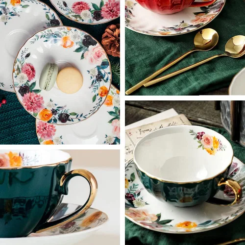 Miniatura 2 de JOYOFUN Taza y Platillo de Té Verde, Taza de Café de Porcelana con Diseño Floral Forrado de Cerámica Real con Ribete Dorado y Cuchara, Taza
