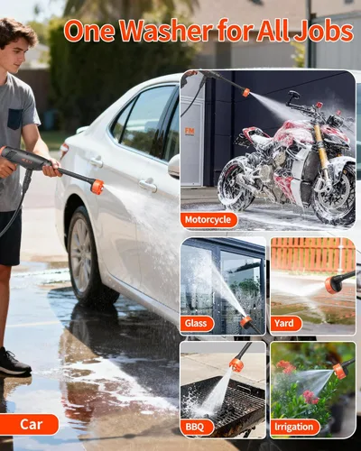 Miniatura 10 de Lavadora de mano con pilas, 1100 PSI ligera mini lavadora para limpieza de automóvil, hogar, patio, entrada y jardín (naranja fuerza)
