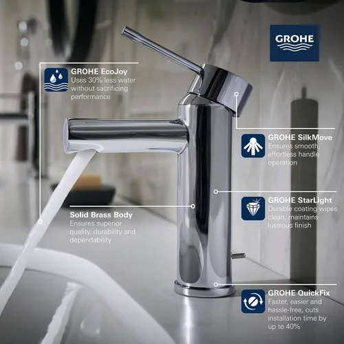 Miniatura 3 de GROHE 32216A0A Essence, grifo de baño de tamaño S de un solo agujero de un solo mango, 1.2 GPM, grafito duro (negro pulido)