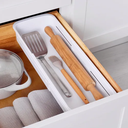 YouCopia DrawerFit - Cajonera deslizante, organizador de almacenamiento de cocina expandible y ajustable, color blanco moteado