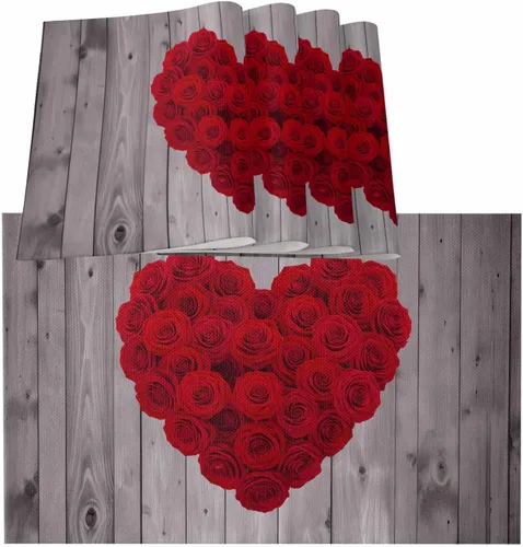 Miniatura 12 de Juego de 4 manteles individuales para el día de San Valentín para mesa de comedor, camión con globos y rosas románticos de arpillera de corazón rosa