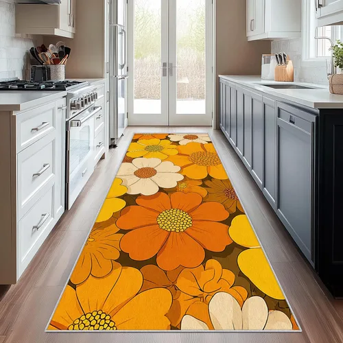 Miniatura 8 de Alfombra de pasillo de 2 x 4 pulgadas, tamaño pequeño, diseño floral retro de los años 70, antideslizante, lavable, alfombra de decoración del hogar