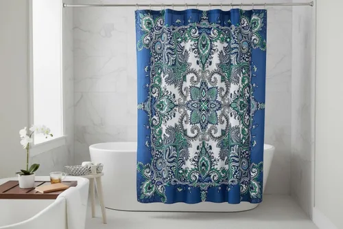 Miniatura 2 de Serafina Home Cortina de ducha bohemia, diseño floral de mandala azul marino, verde azulado, blanco, tela, 72 x 72 pulgadas, resistente a