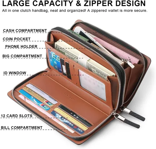 Miniatura 3 de VANNANBA Carteras de mano con doble cremallera de cuero grande cartera larga de negocios cartera de mano para teléfono regalo para padre hijo marido