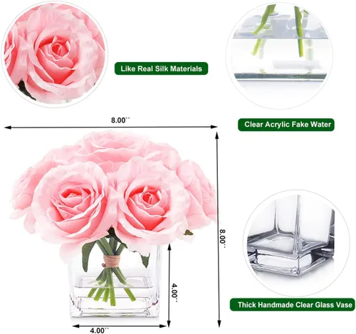 Miniatura 3 de 7 rosas artificiales de tallo grande en jarrón, rosa falsa con flores falsas en jarrón para decoración del hogar, mesa de boda (rosa)
