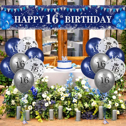 Miniatura 7 de Decoraciones azules de cumpleaños número 16 para niños y niñas - Pancarta feliz azul marino plateado y globos para suministros de fiesta