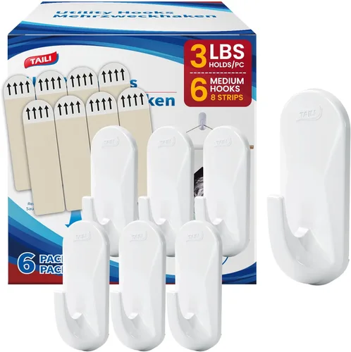 Miniatura 10 de TAILI Ganchos para Colgar, 2 Ganchos Adhesivos Grandes de Plástico y 4 Tiras Adhesivas, Ganchos Utilitarios Blancos para Pared Pintada, Sin Daños