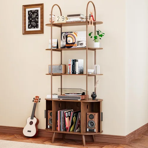 Miniatura 8 de Soporte Alto para Tocadiscos de Vinilo, Estantería de 4 Niveles con Puertas Corredizas, Gabinete Retro Pequeño para Almacenamiento de Discos