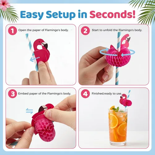 Miniatura 3 de HANSGO 50 popotes de flamenco, pajitas de papel de flamenco para decoración de mesa de Luau tropical, suministros de fiesta de piscina, decoración