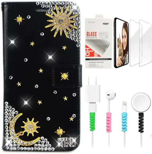 Miniatura 13 de Bling Wallet - Funda de cuero compatible con Google Pixel 6a, elegante, hecha a mano en 3D, con libélula y purpurina para bicicleta, con protector
