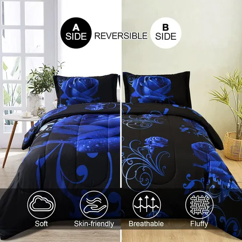 Miniatura 2 de WONGS BEDDING Juego de edredón azul tamaño matrimonial, juego de edredón reversible con estampado de rosas azules con 2 fundas de almohada