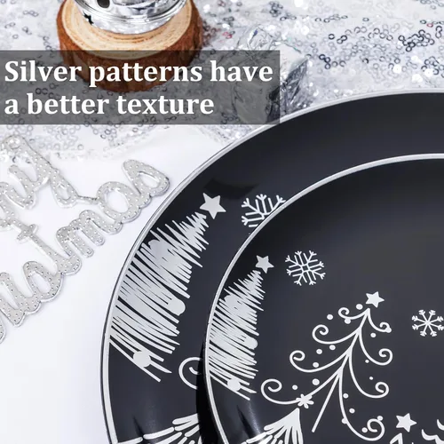 Miniatura 4 de KIRE Juego de 150 platos de Navidad desechables y vajilla para 25 invitados, platos negros y plateados, cubiertos de plástico y tazas con borde